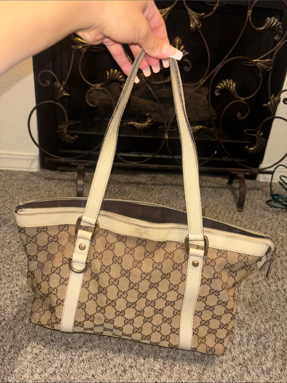 Gucci Beige Monogram Canvas Shoulder Tote with Cream Trim